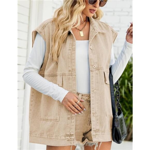 New Women's Cropped Distressed Denim Vest - Ripped Sleeveless Jean Jacket with - Picture 3 of 6